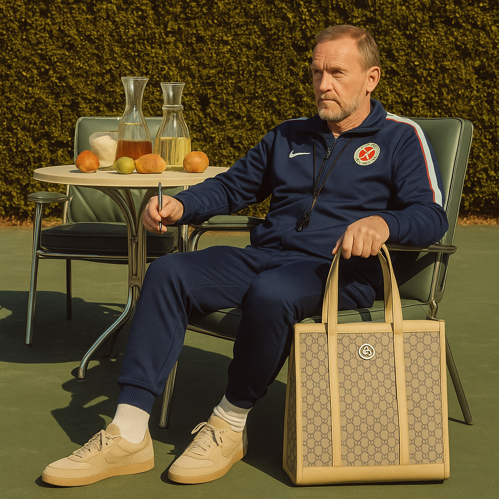 A man wearing a navy blue tracksuit, sitting outside with a table with a glass of fruit , holding a beige tote bag and pen.