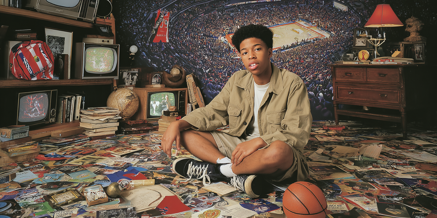 A teenage collector sitting on a floor filled with sports magazines in his bedroom. The room's walls has a basketball stadium painting.