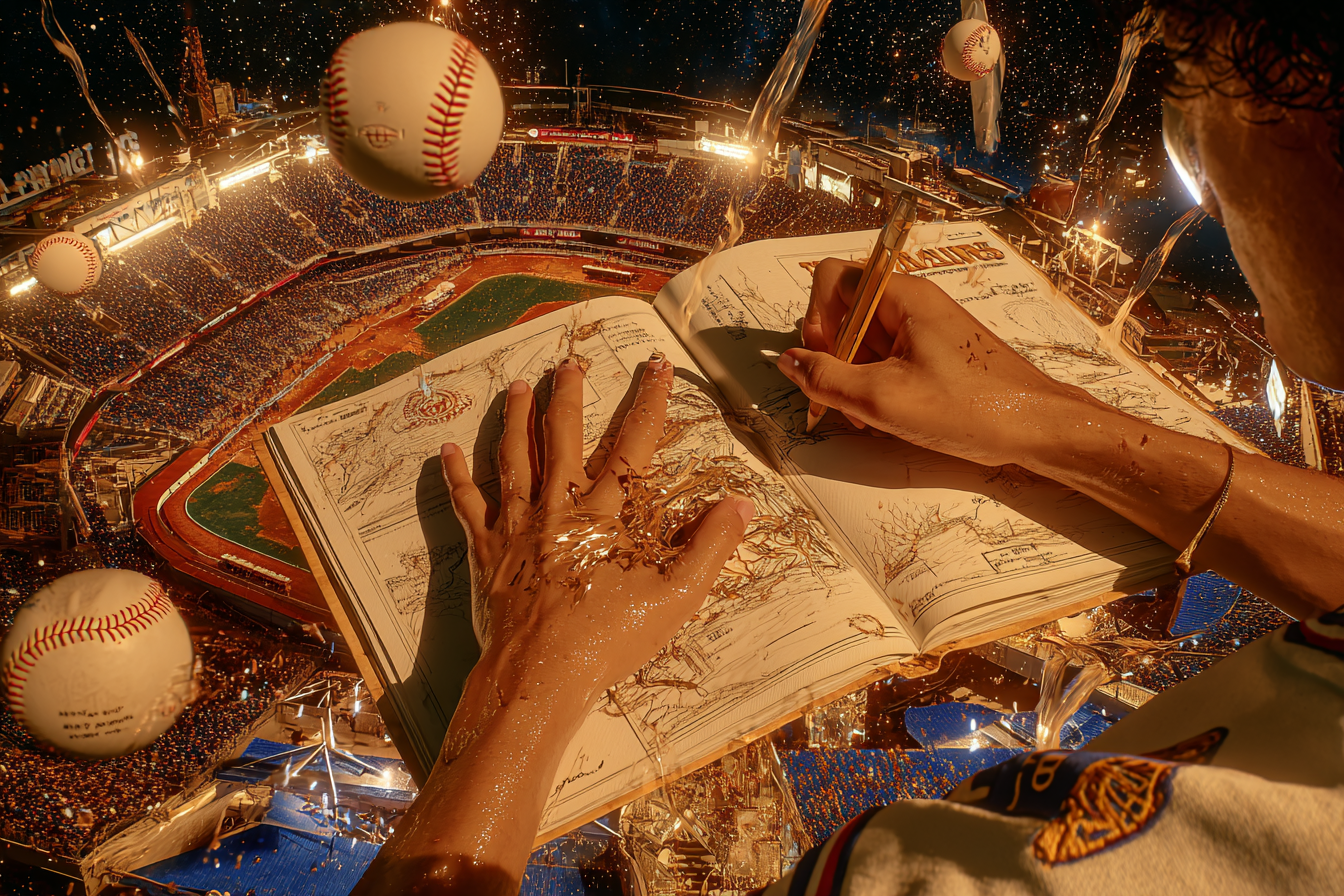 A baseball fan sketching plays in a playbook, over a baseball field, with floating baseballs around the field.