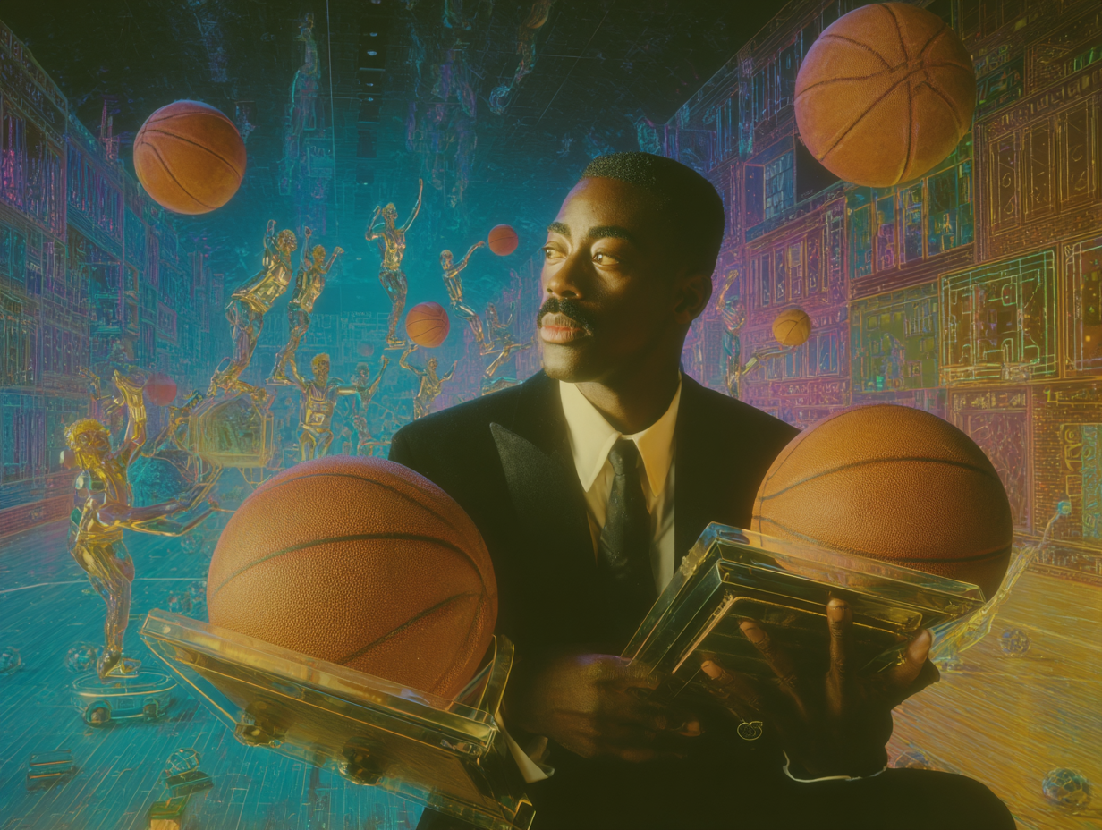 A portrait of Carl Weathers holding two basketballs and a clear acrylic box.