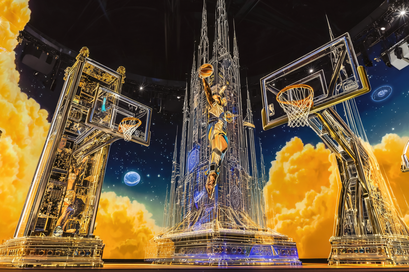 Two giant basketball courts made of glass and gold, featuring a player playing basketball.