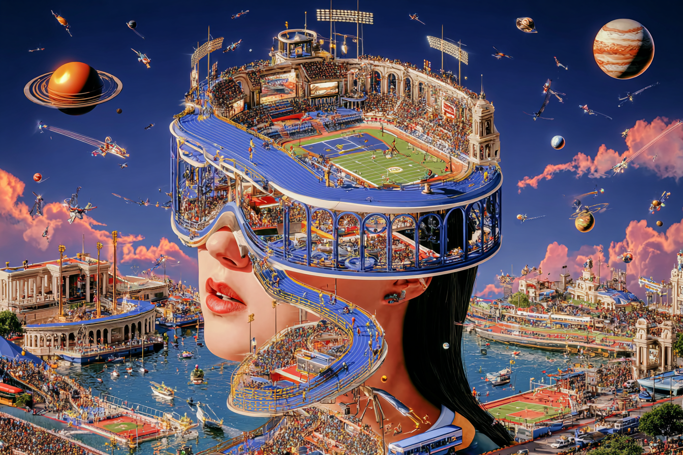 A woman 's face showcasing a sports paradise where multiple sports venues exist in harmony within planets.