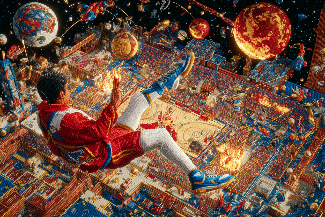 A basketball player wearing a red and white jersey, blue shoes, jumping on the floor of a huge stadium filled with an audience. With a night-time sky and fireworks